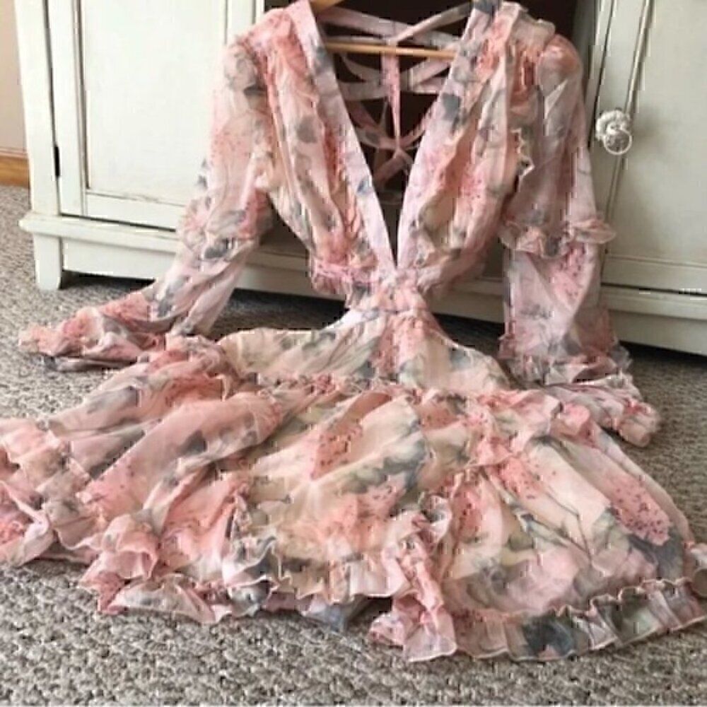 Pink Bohemian Spring Summer Lace up Back Floral Ruffle Backless Mini Dress XXL - Picture 4 of 16